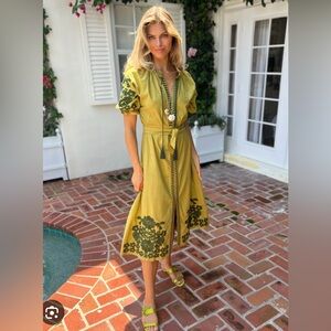 Julia Amory Embroidered Coatue Caftan Dress Chartreuse XS